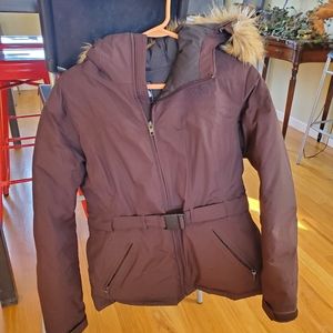 Northface chocolate hooded puffer jacket L.